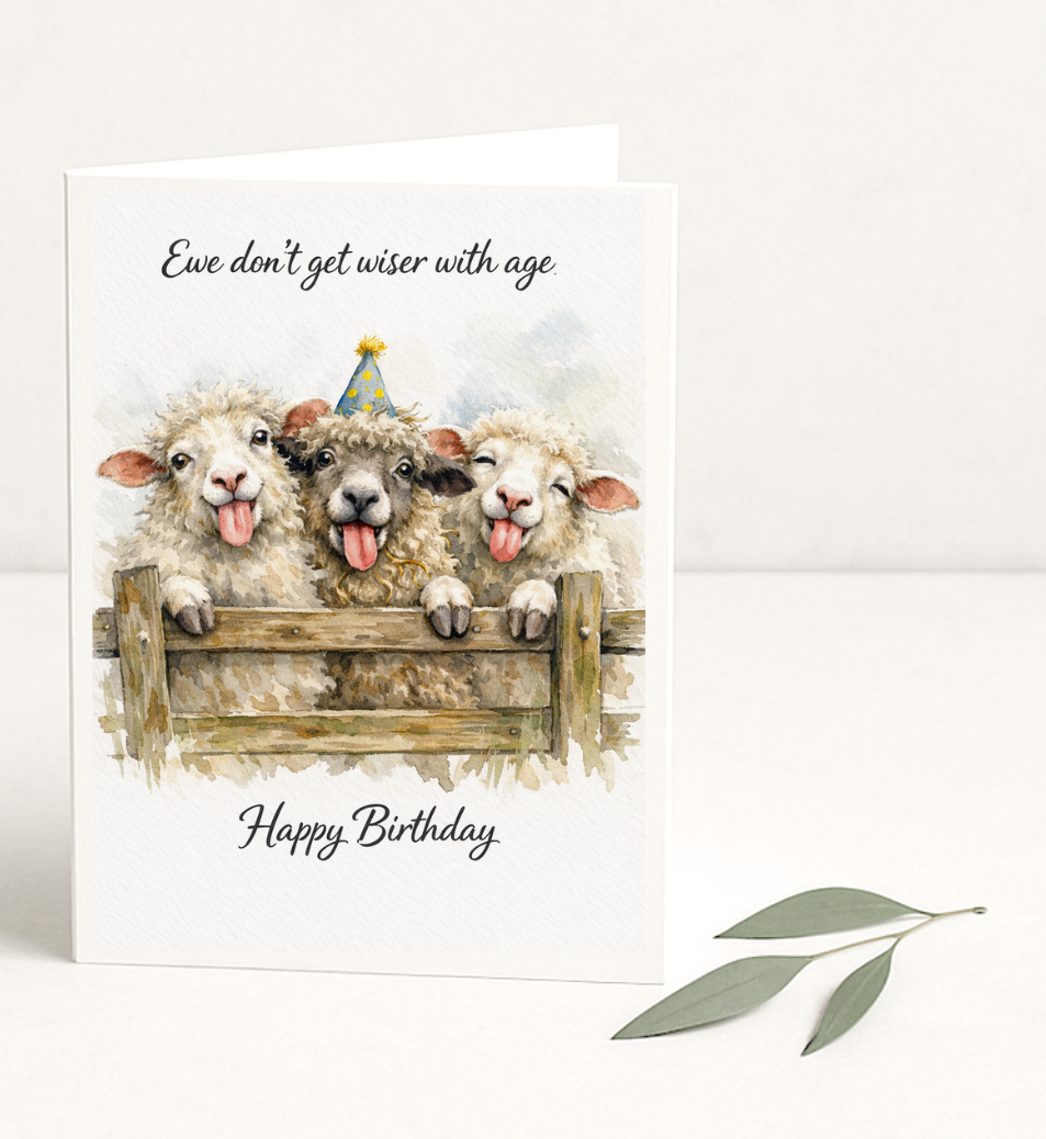 Funny Sheep Birthday Card, Ewe Don’t Get Wiser With Age Card, Farm Animal Birthday Card, Cute Sheep Card, Humorous Birthday Card
