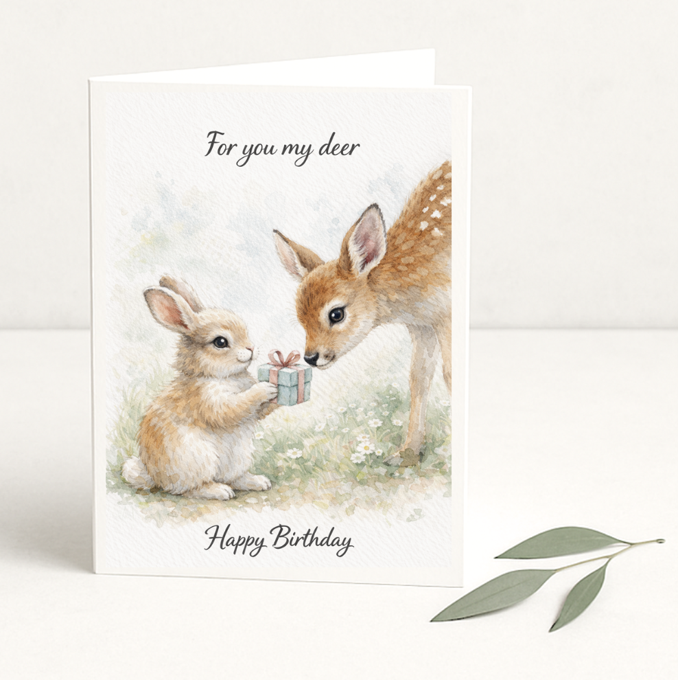 Cute Deer Birthday Card, Woodland Animal Birthday Card, For You My Deer Card, Cute Rabbit and Deer Card, Romantic Birthday Card