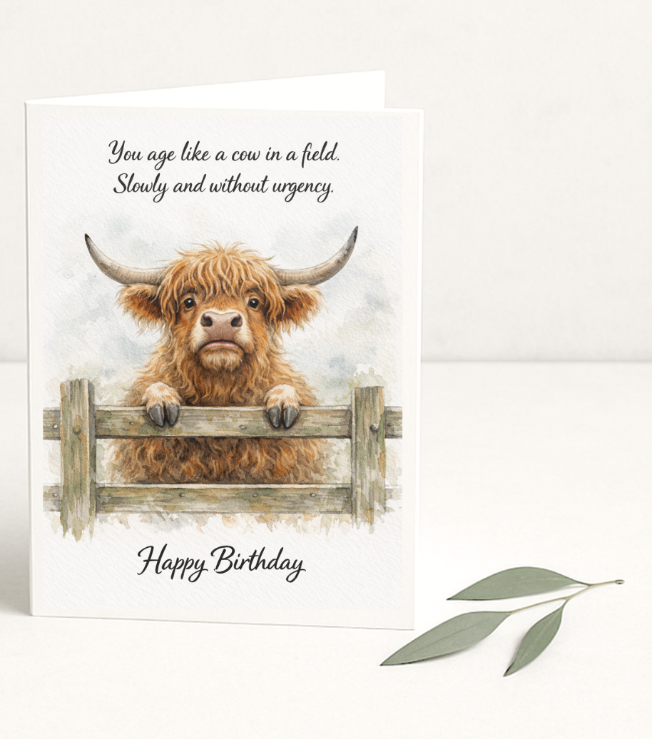 Funny Cow Birthday Card, Highland Cow Birthday Card, Farm Animal Birthday Card, Humorous Ageing Card, Countryside Birthday Card