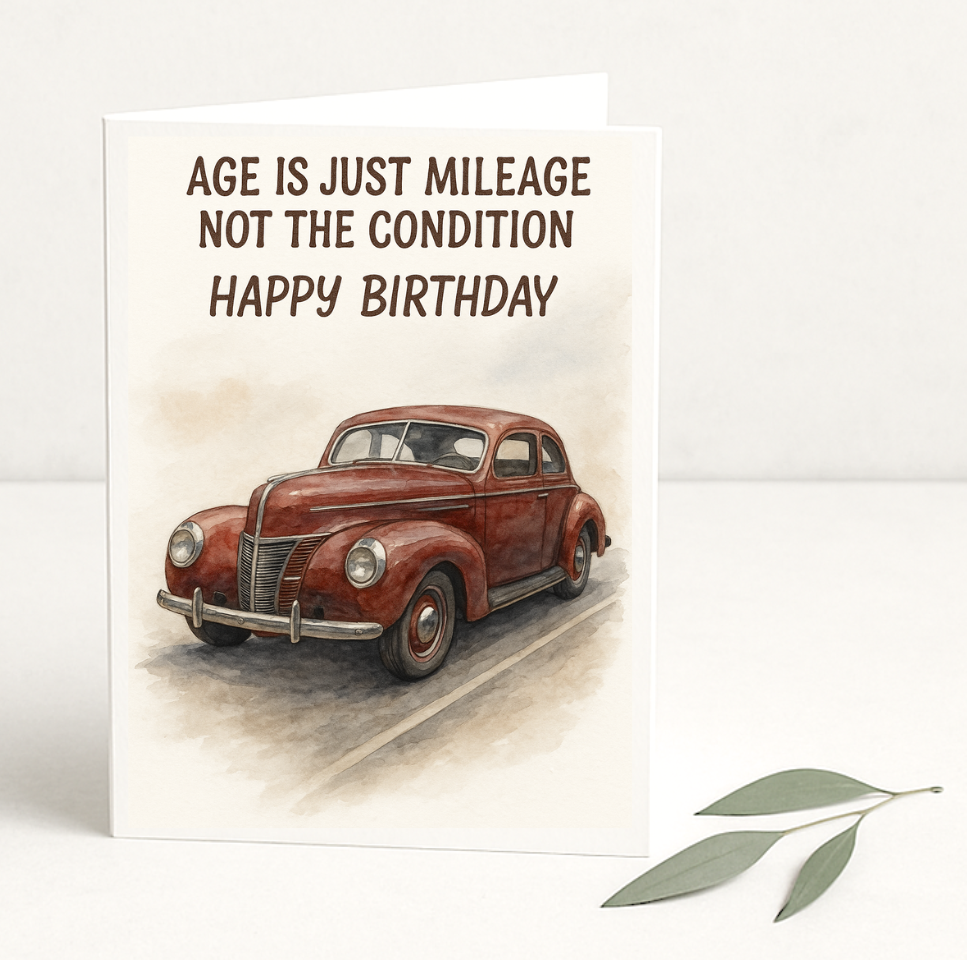 Funny Car Birthday Card, Classic Car Birthday Card, Vintage Car Birthday Card, Age Is Just Mileage Card, Car Lover Birthday Card
